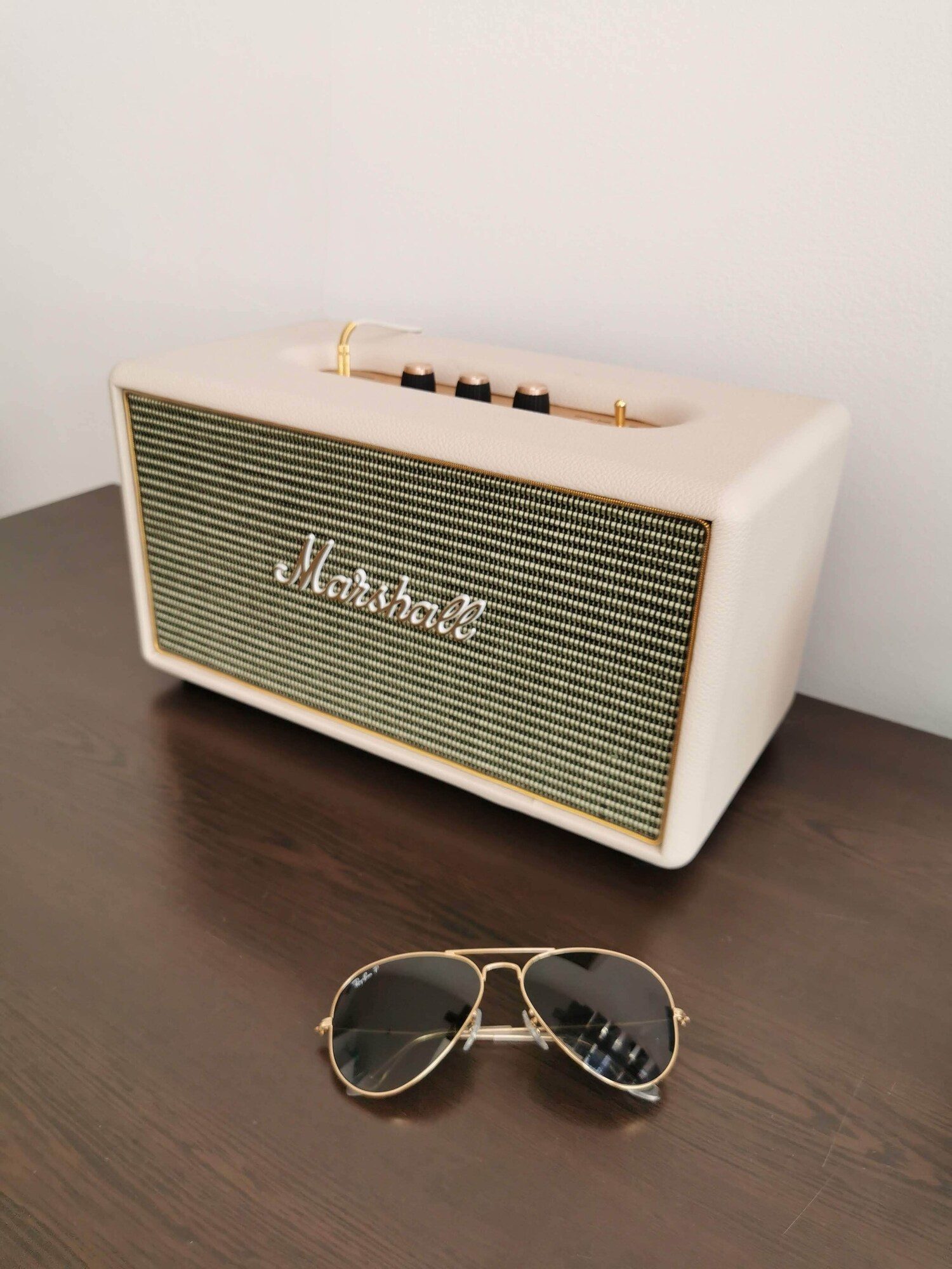Marshall speaker detail on a shelf